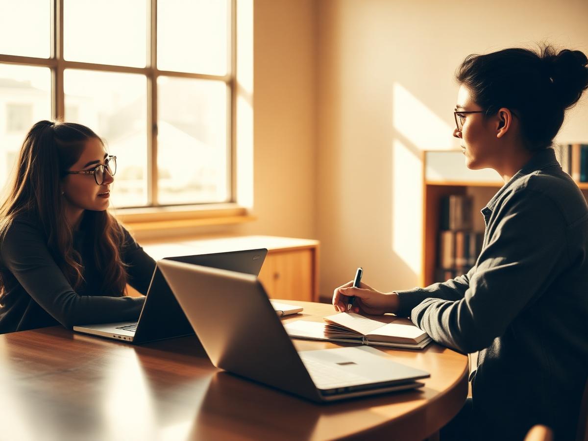 A mentor and a student reviewing coursework together at a table in a sunlit room