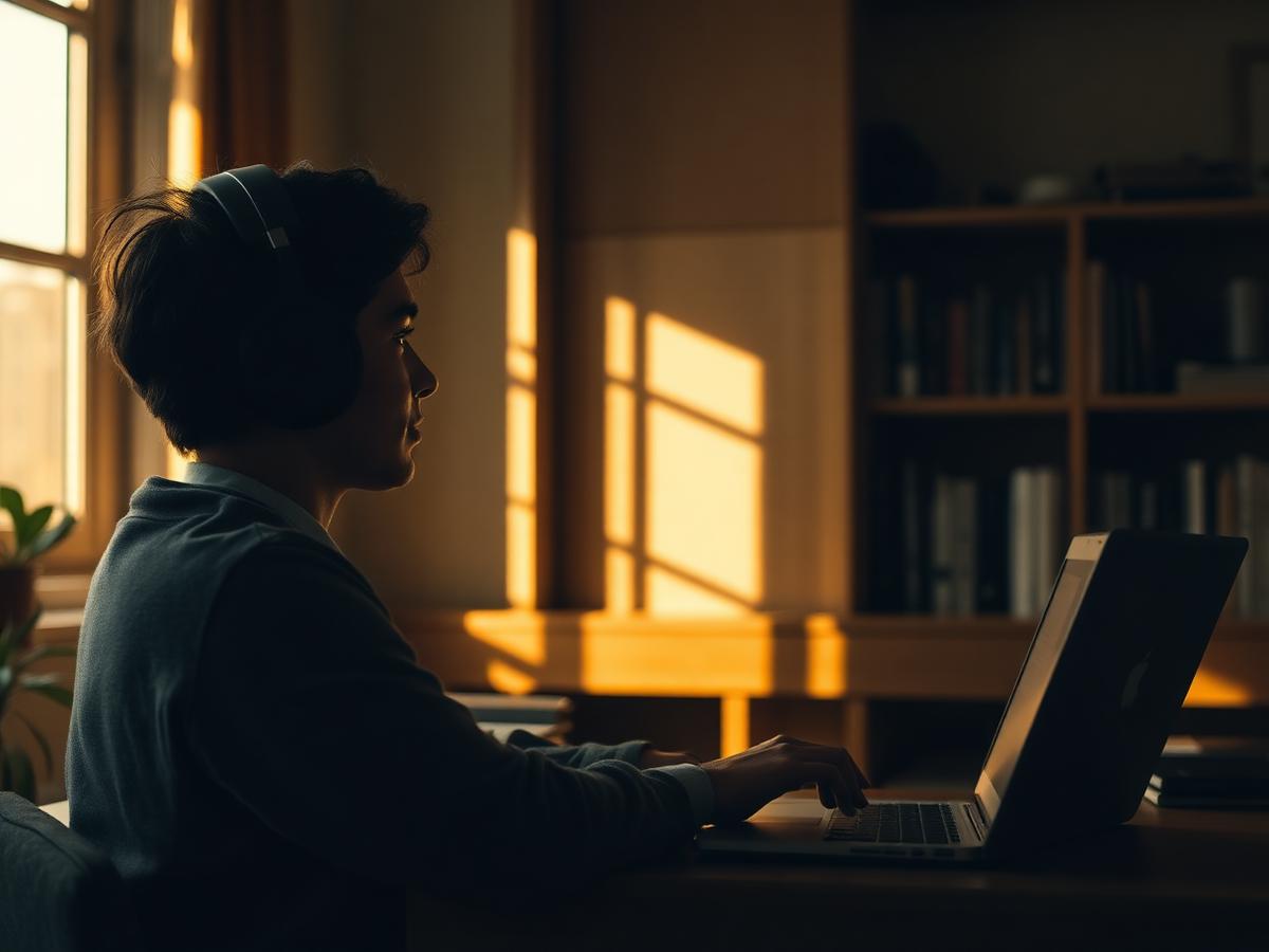 A student attending an online class with headphones and a laptop in a quiet study space